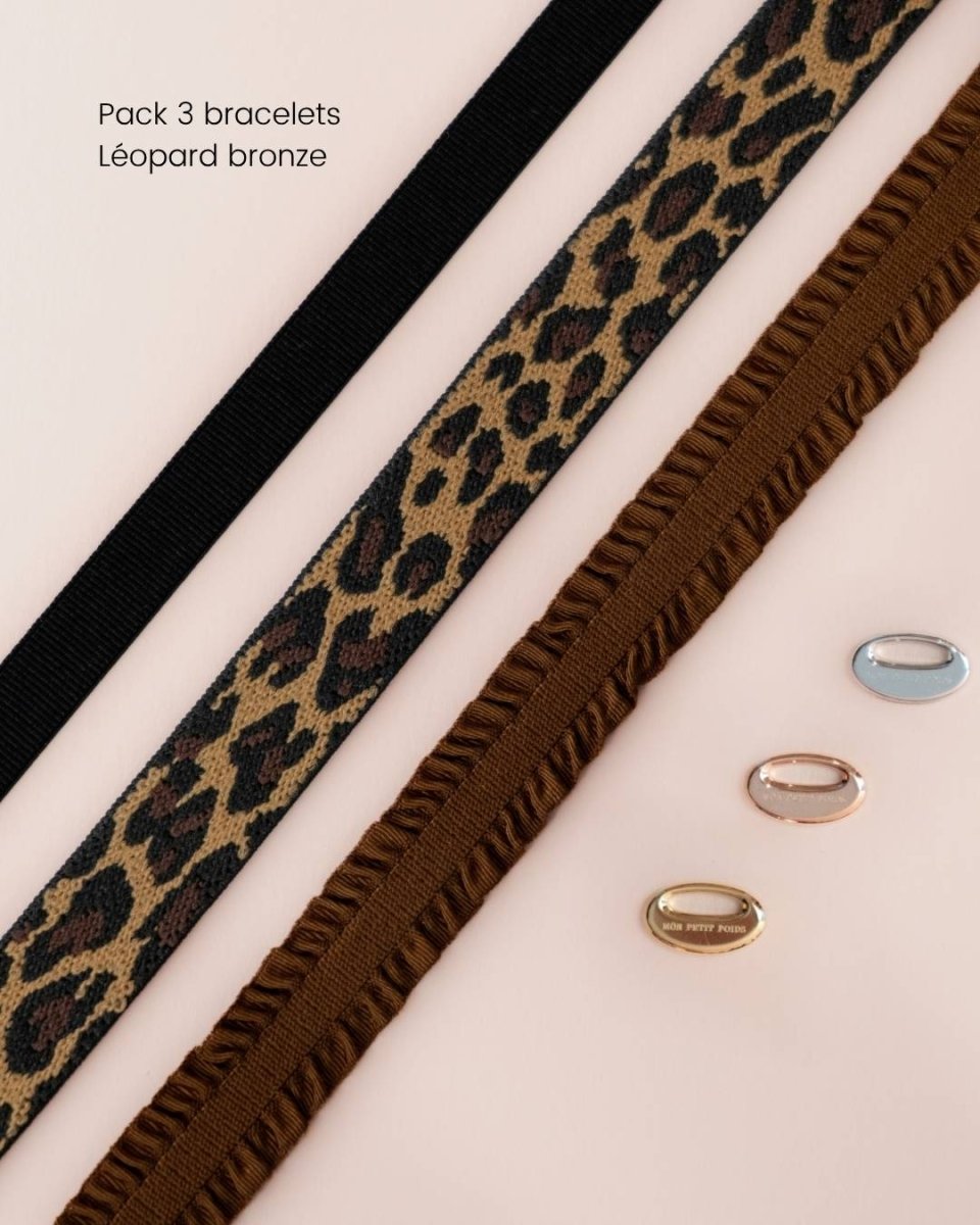 Pack bronze léopard 3 bracelets - Mon Petit Poids, composé du ruban stretch noir, du ruban léopard et du ruban froufrou bronze. 