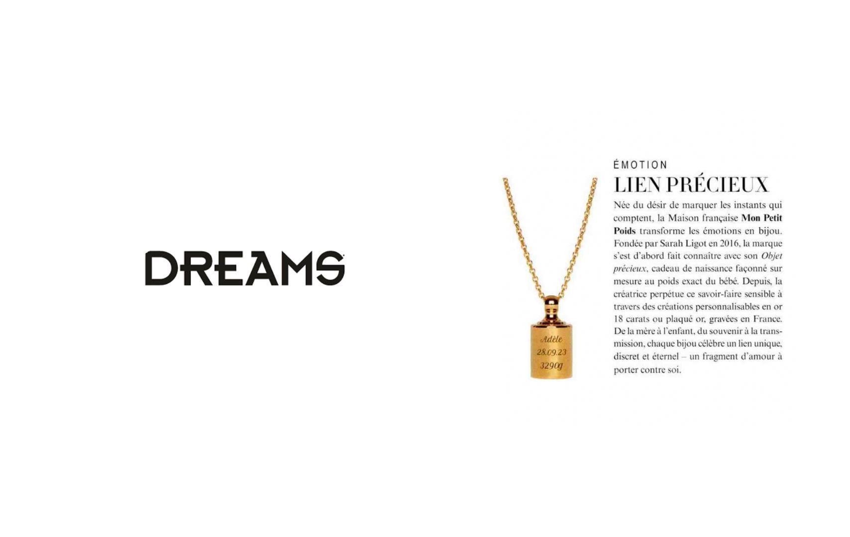 Revue de presse Dreams sur le Collier Emotion mettant en avant le collier sur un fond blanc et le décrivant comme un lien précieux 