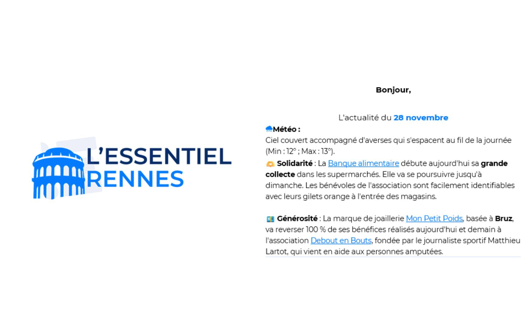 Article de presse L'Essentiel Rennes, évoquant le versement de 100% des bénéfices à l'association Debout en Bouts  