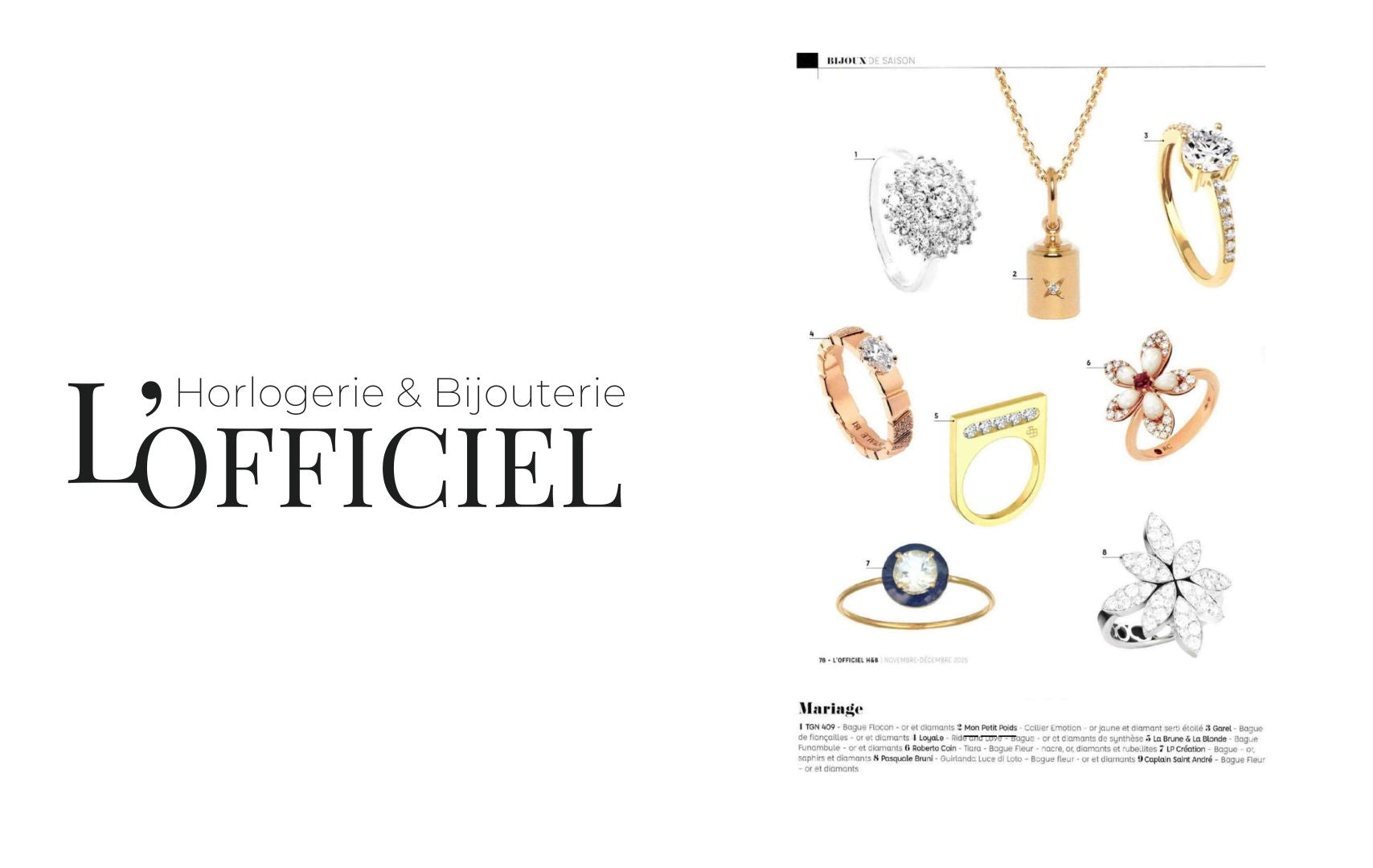Article de presse de L'Officiel mettant en avant le collier Emotion en or jaune et diamant serti étoilé, pour la catégorie Mariage. 