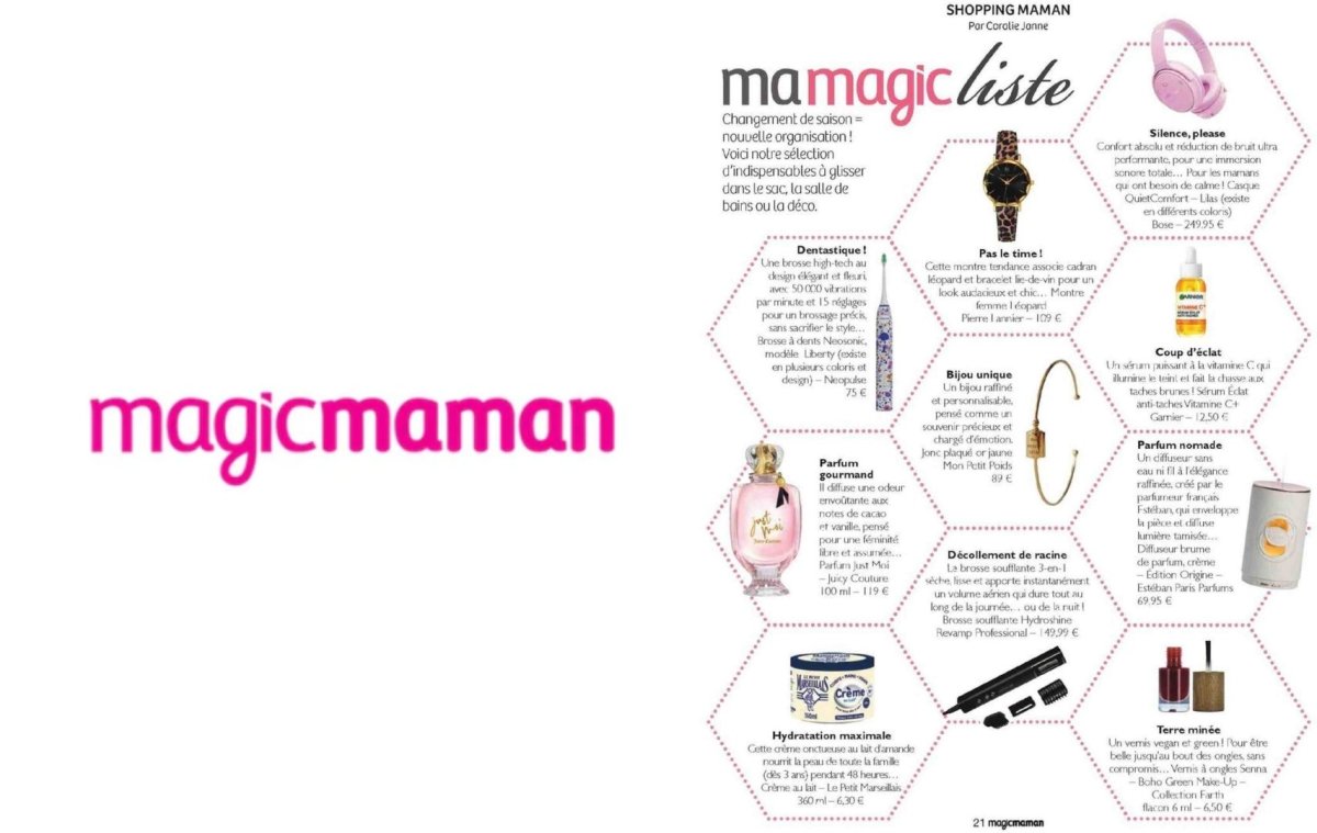 Revue de presse de Magic Maman pour octobre 2025, avec une sélection shopping pour la nouvelle saison, avec des accessoires à glisser dans le sac dont le jonc plaqué or jaune Mon Petit Poids. 