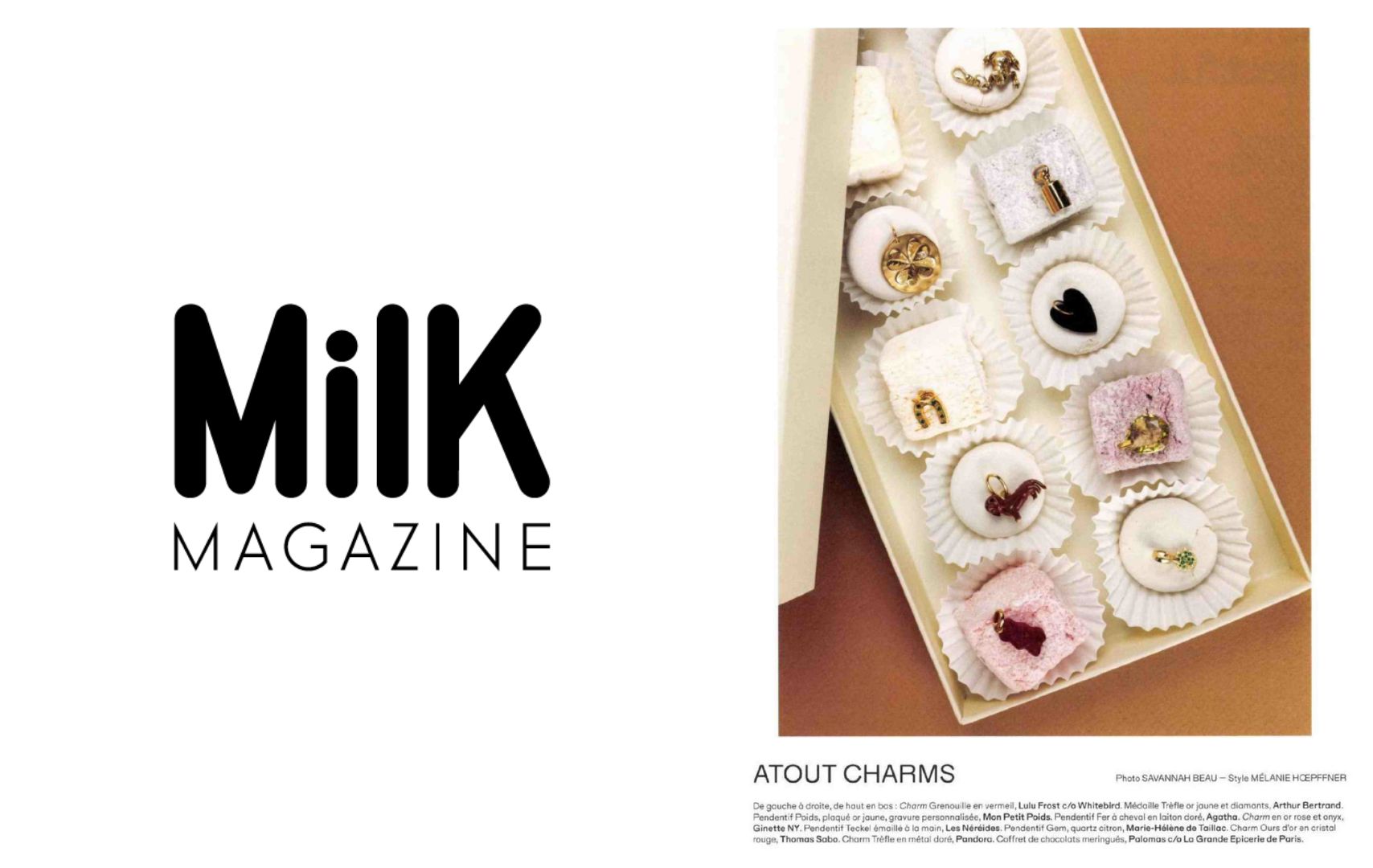 Revue de presse Milk Décembre 2025 mettant en avant le pendentif Mon Petit Poids plaqué or jaune