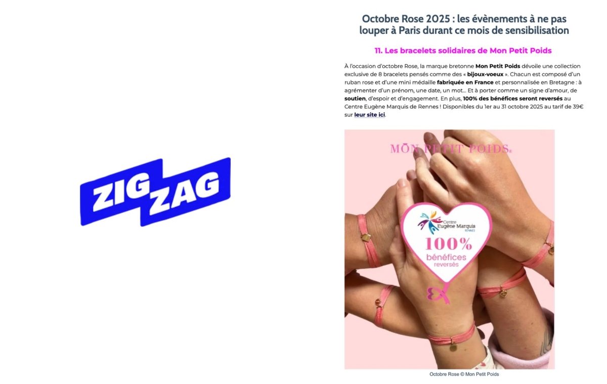 Revue de presse de Zig Zag sur Octobre Rose 2025, concernant les événements à ne pas louper à Paris, notamment avec les bracelets solidaires de Mon Petit Poids, montrés en photo autour du poignet de plusieurs personnes se tenant par la main.