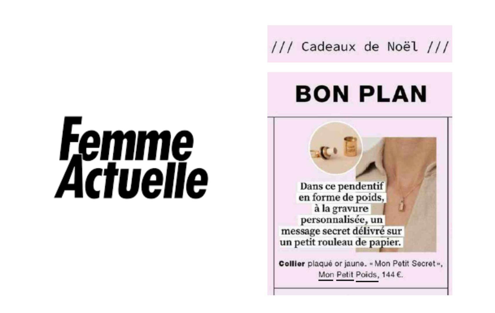 Revue de presse Femme Actuelle, mettant en avant le pendentif Mon Petit Secret plaqué or jaune. 