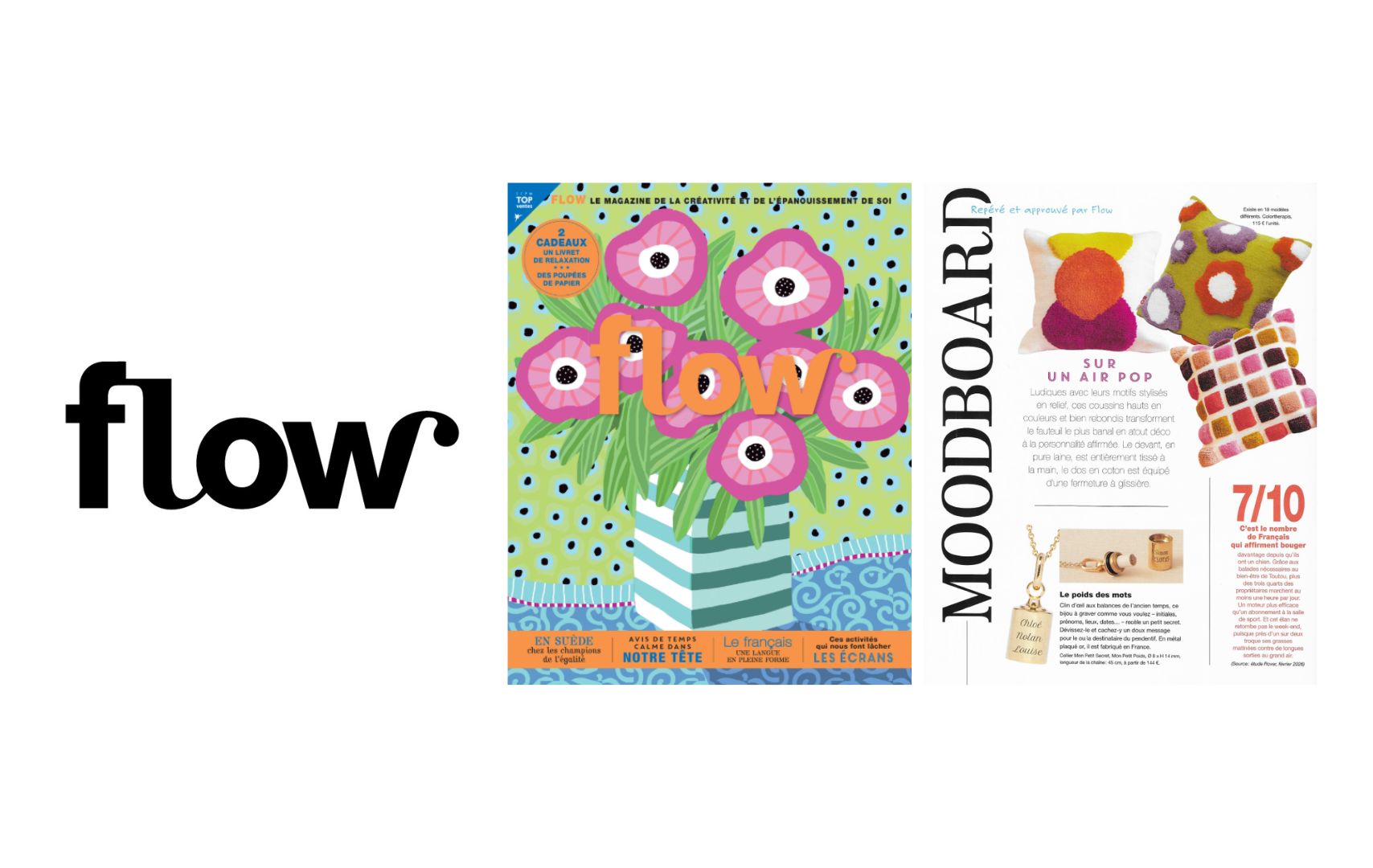 Revue de presse du magazine FLOW datant de mai 2026, mettant en avant le collier Mon Petit Secret. 