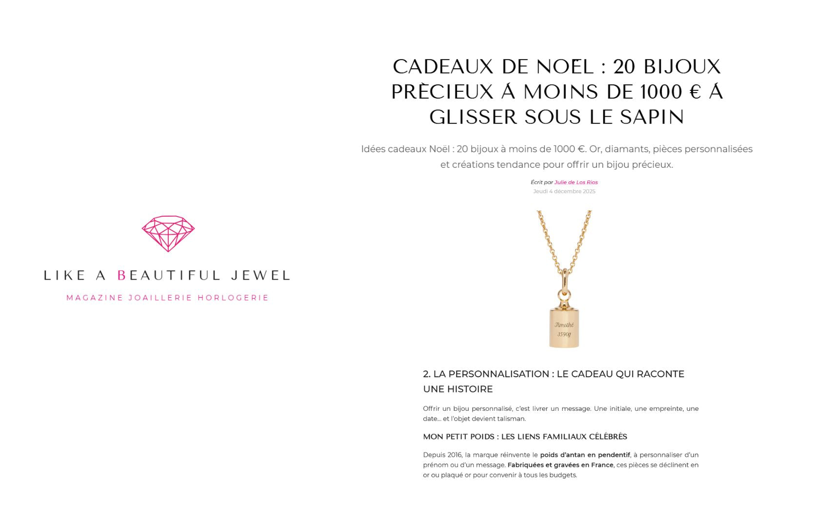 Revue de presse My Beautiful Jewel, citant le collier Mon Petit Poids dans la sélection de cadeaux pour Noël. 