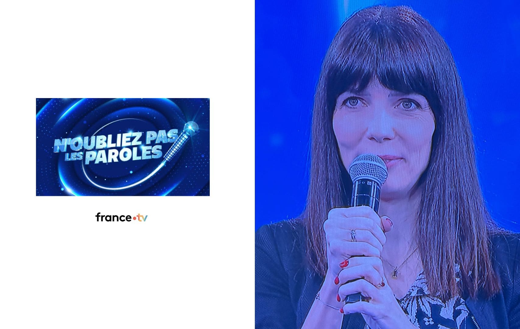 Mathilde porte un bijou de la collection Mon Petit Poids lors de son passage dans l’émission N’oubliez pas les paroles, diffusée sur France TV.