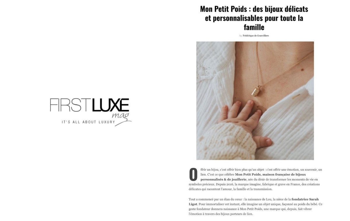 Revue de presse de First Luxe Mag sur Mon Petit Poids, avec l'image du collier Mon petit Poids porté par une femme avec une main de bébé qui vient se poser sur le cou